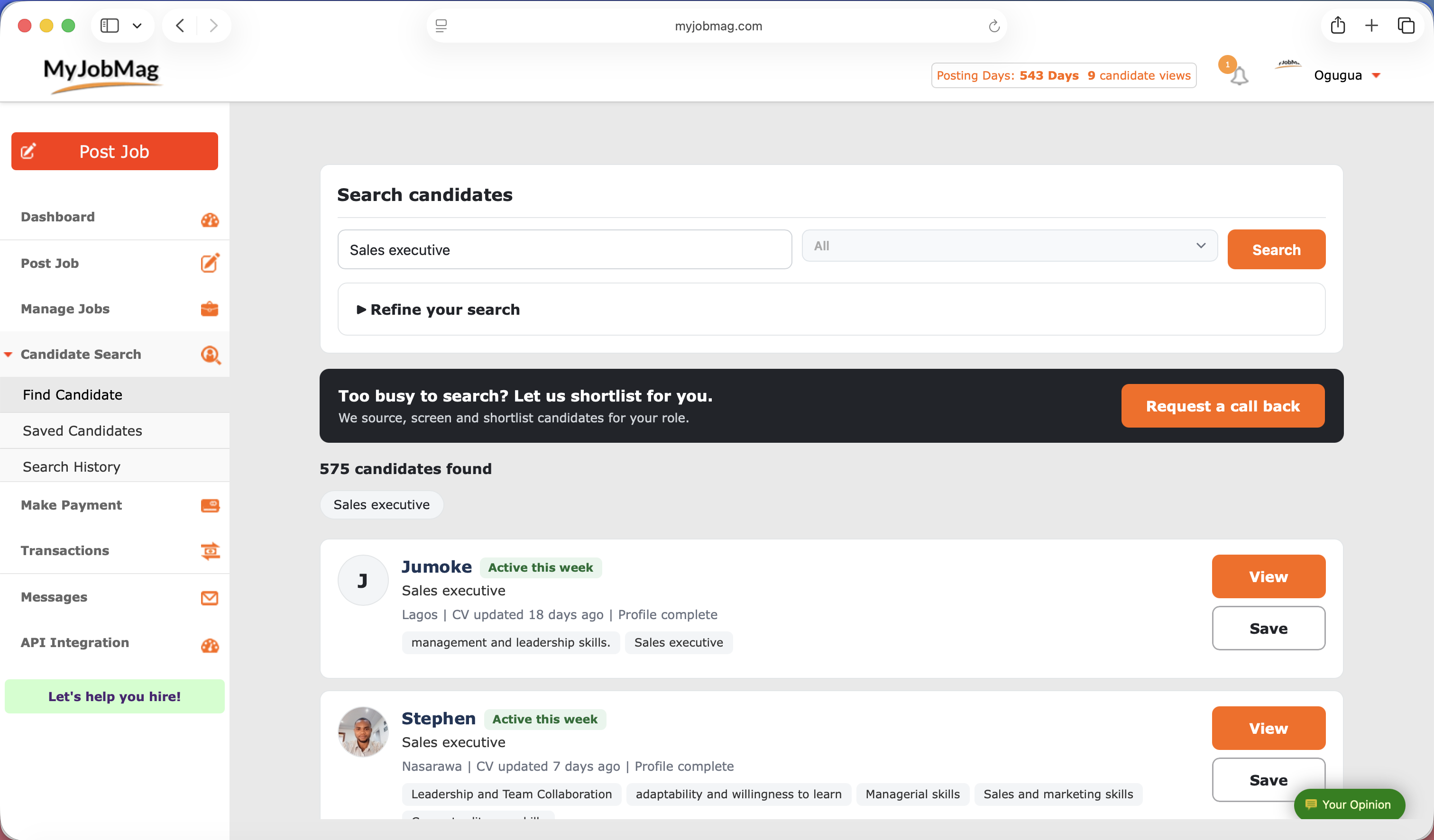Candidate search screenshot